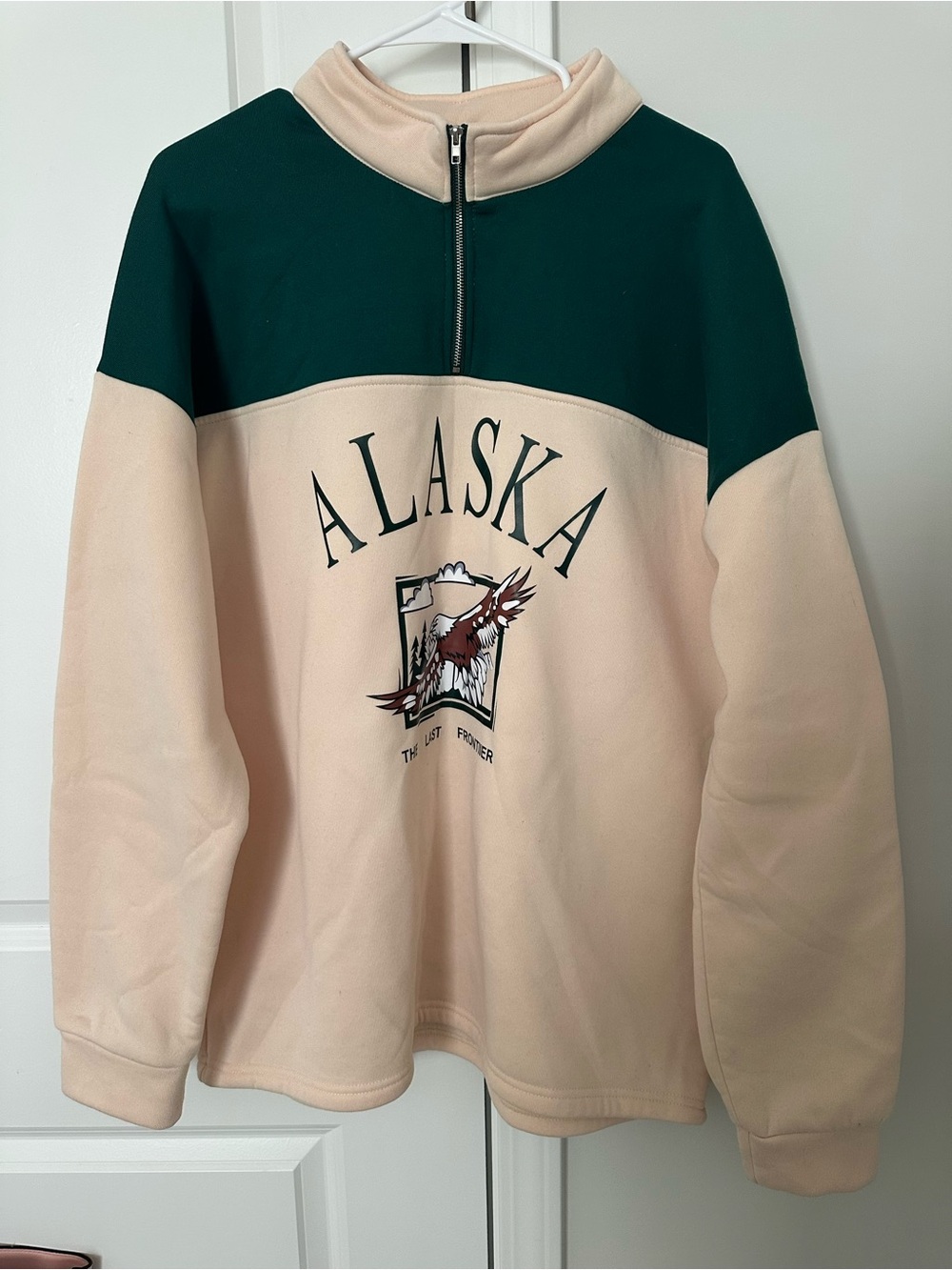 Alaska The Last Frontier Quarter Zip Sweatshirt |Green and Cream Color Block 2XL - Picture 3 of 8